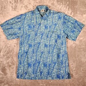 Rum Reggae Button Down Shirt Mens XL Blue Excellent Tropical Leaf Cotton Batik